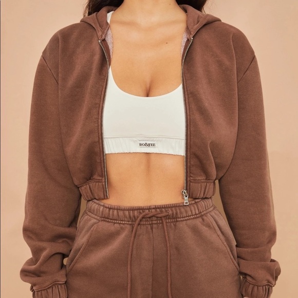 Bo+Tee /Oh Polly Vintage Sport Collection Crop Hoodie Full ZIP Brown Sz M NWT - Picture 2 of 14